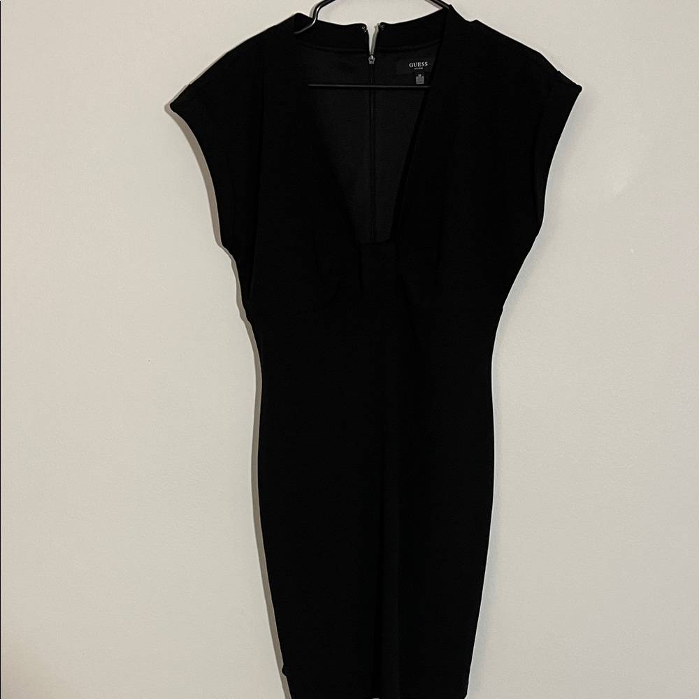 GUESS Black Midi Sheath Dress with V-Neck